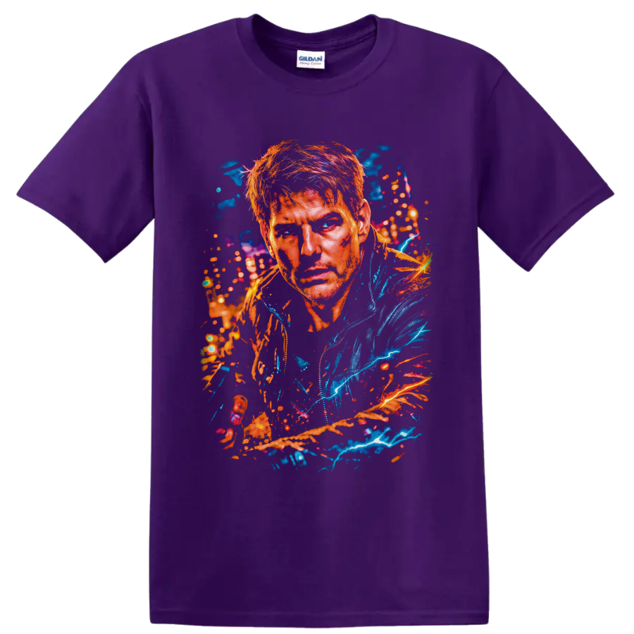 Pete Maverick Mitchell Top Gun neon splatter portrait with blue lightning on a Purple T Shirt