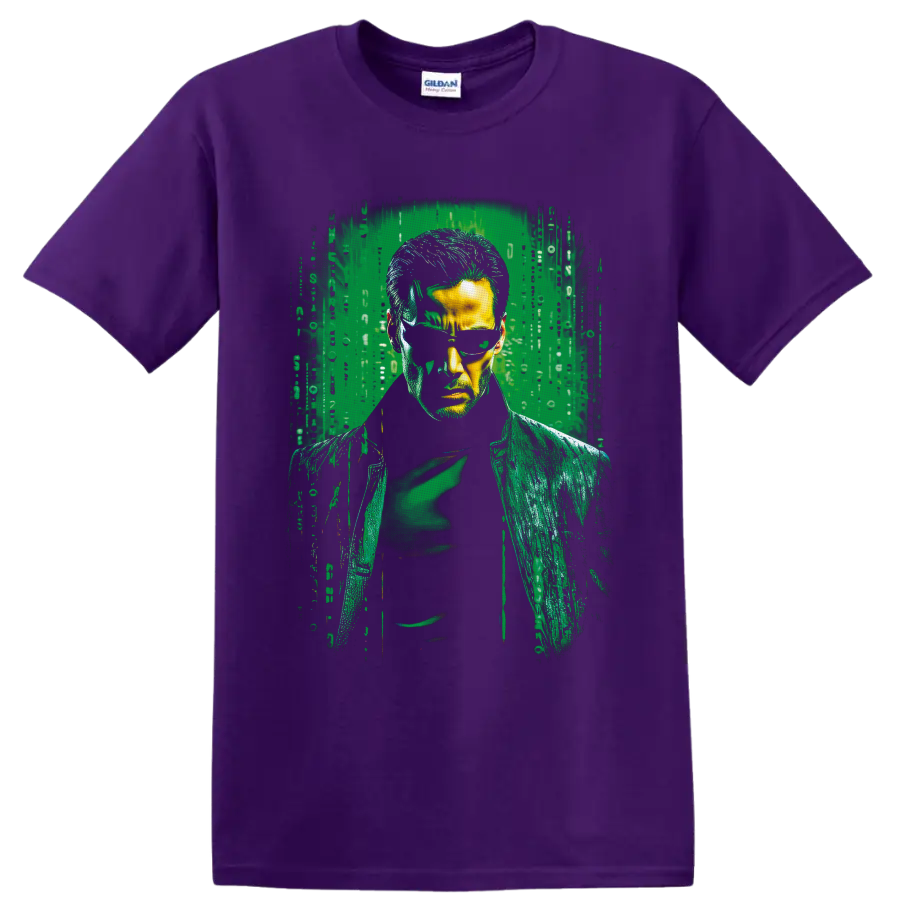 Albert Wesker Resident Evil portrait in green digital glitch horror style on a Purple T Shirt