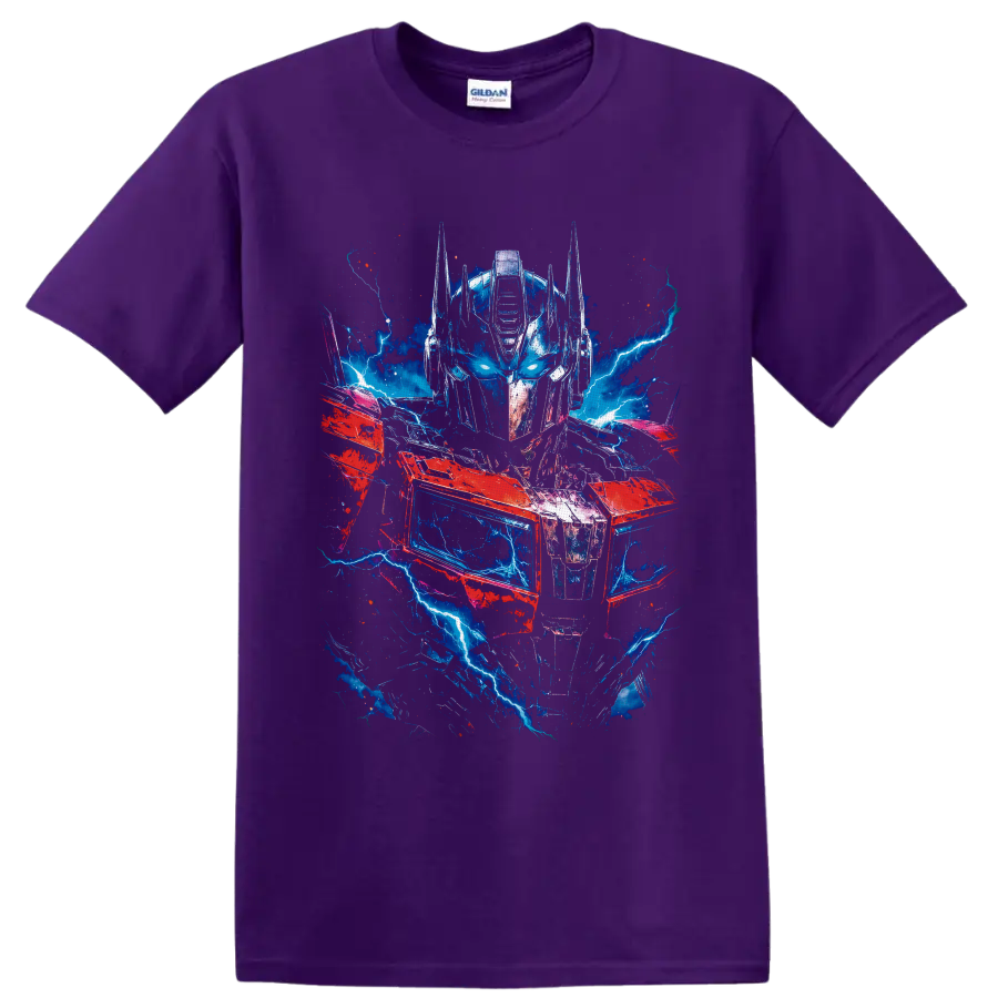 Optimus Prime robot portrait with blue lightning, red armor, and distressed sci-fi on a Purple T Shirt