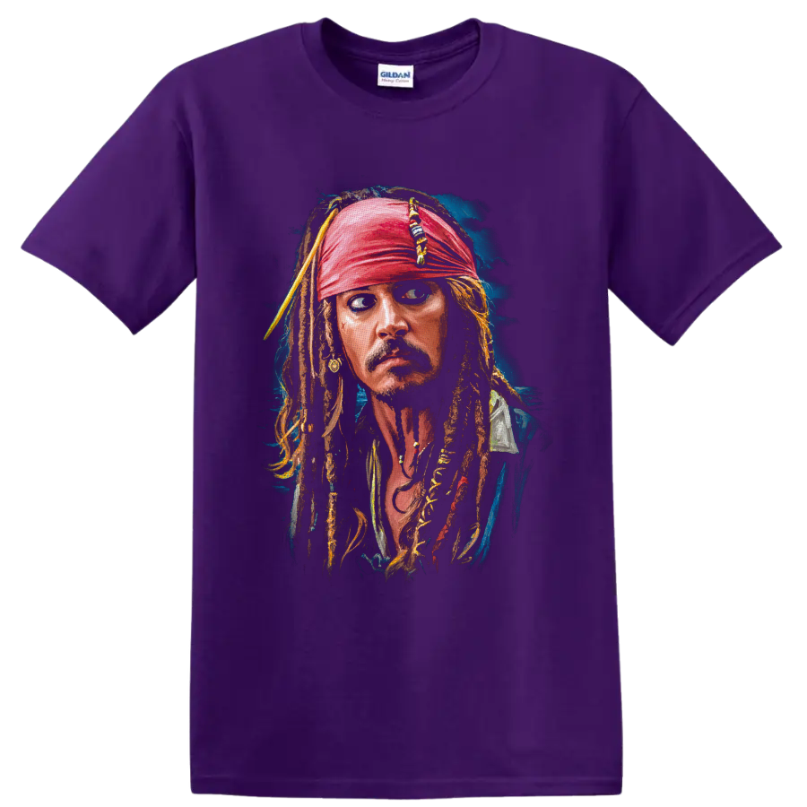 Captain Jack Sparrow painterly portrait with red bandana and beaded dreadlocks on a Purple T Shirt