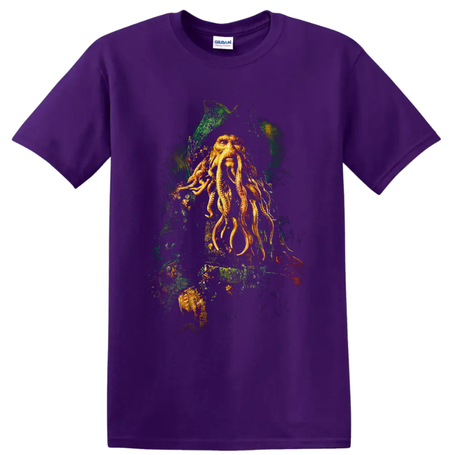 Davy Jones tentacled captain portrait in distressed nautical fantasy artwork on a Purple T Shirt