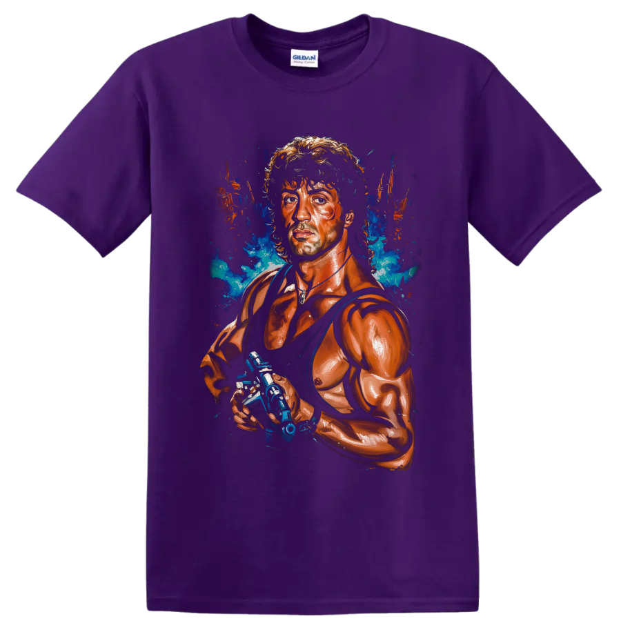 John Rambo tactical portrait with blue smoke and orange paint splatter artwork on a Purple T Shirt