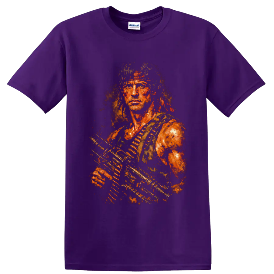 John Rambo First Blood distressed painterly portrait with rifle and ammunition belt on a Purple T Shirt