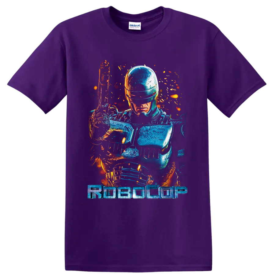 RoboCop cyborg police armor with raised sidearm, neon sparks, and RoboCop wordmark on a Purple T Shirt