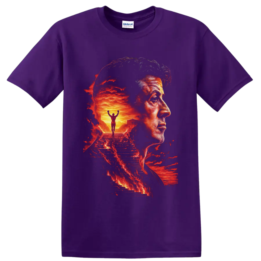 Rocky Balboa portrait with fiery Philadelphia steps and victorious boxer artwork on a Purple T Shirt