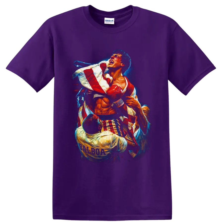Rocky Balboa boxer in red gloves with an American flag and starry painterly backdrop on a Purple T Shirt