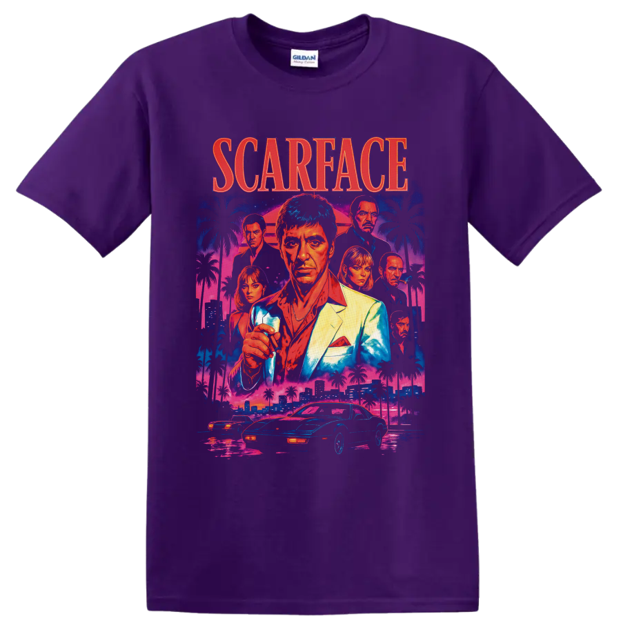 Scarface neon collage with Tony Montana, Elvira Hancock, palms, Miami skyline, and cars on a Purple T Shirt