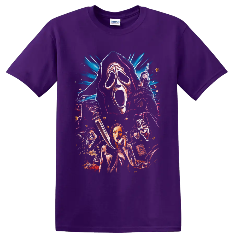 Ghostface and Sidney Prescott neon slasher collage with masks, knife, and phone on a Purple T Shirt