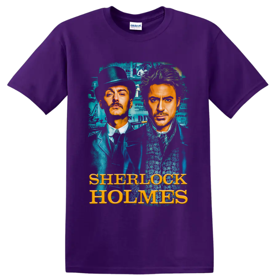 Sherlock Holmes and Dr. Watson Victorian portrait with teal collage and gold lettering on a Purple T Shirt