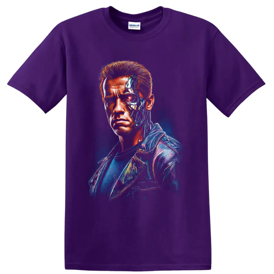 T-800 cybernetic half-human portrait with glowing red eye in neon sci-fi art on a Purple T Shirt