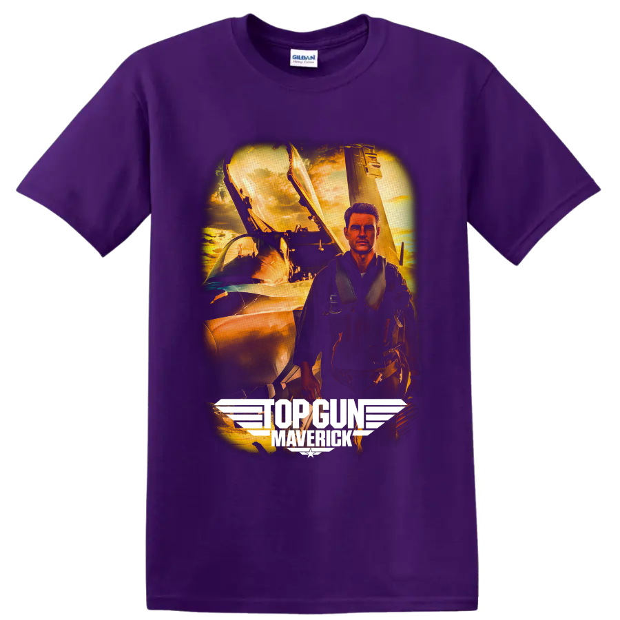 Pete Maverick Mitchell fighter pilot with jet and Top Gun Maverick sunset artwork on a Purple T Shirt