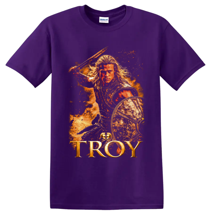 Achilles from Troy warrior with sword, round shield, fiery battle art, and TROY text on a Purple T Shirt