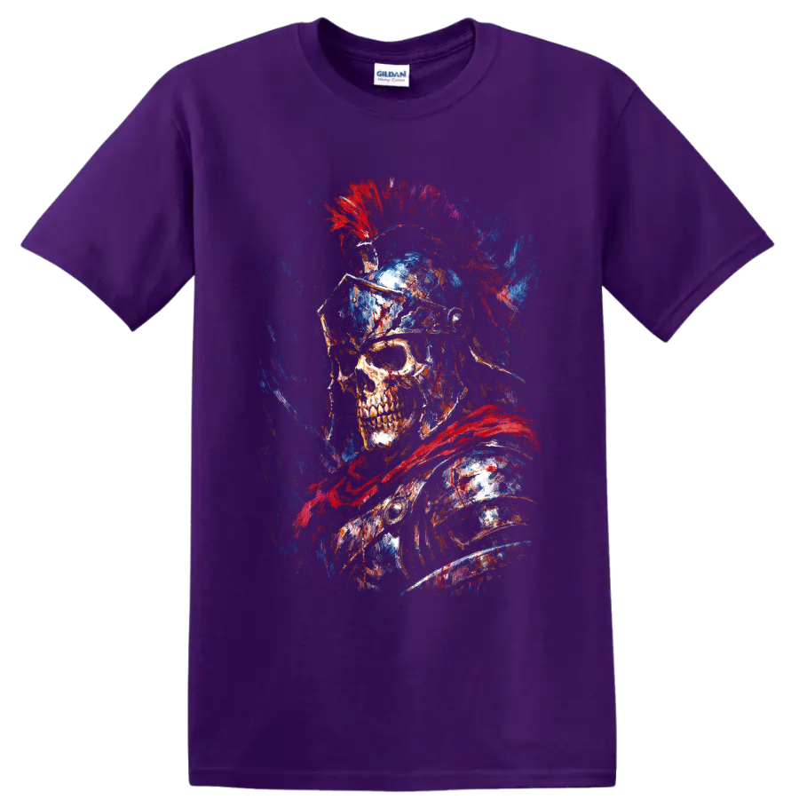 Roman gladiator skull warrior with crested helmet and red blue paint splatter art on a Purple T Shirt