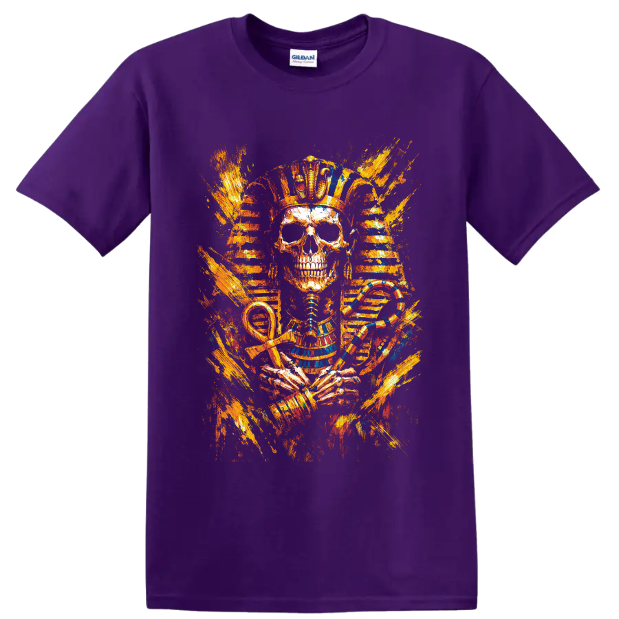 Egyptian pharaoh skull with cobra, ankh, striped headdress, and fiery painterly bursts on a Purple T Shirt