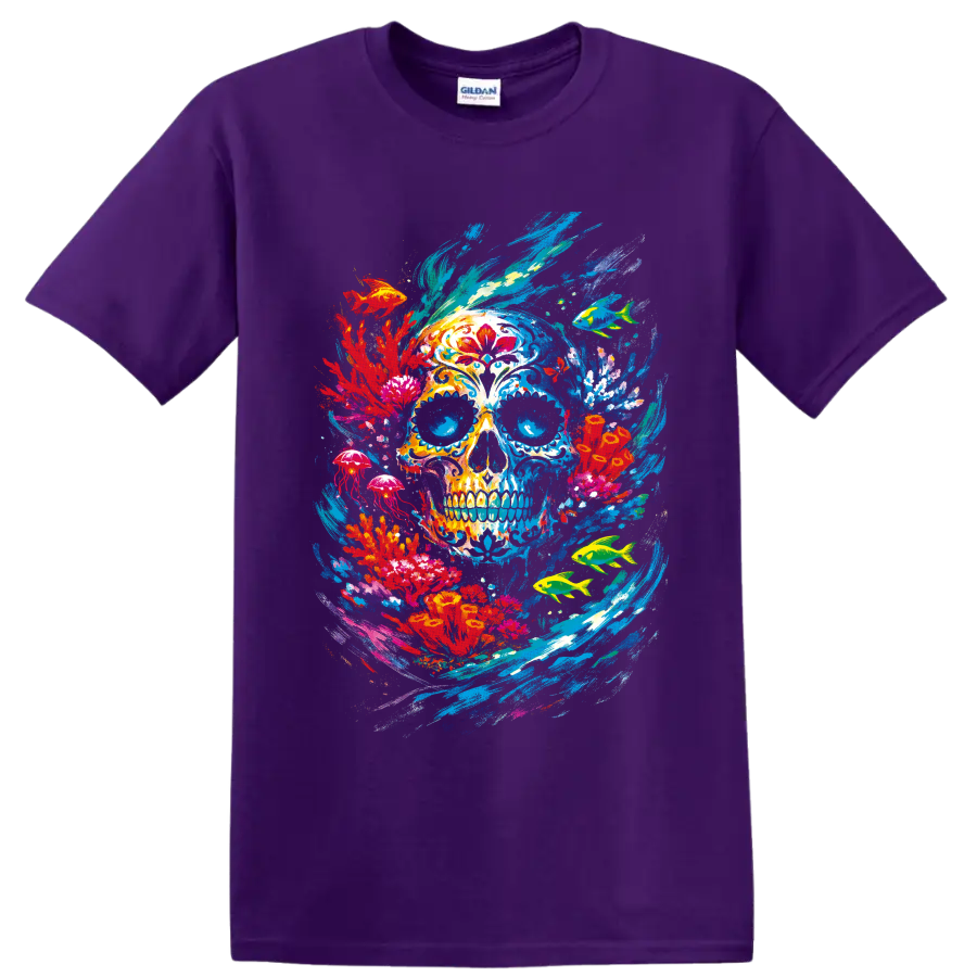 Colorful Day of the Dead-inspired skull with tropical fish, jellyfish, and ocean on a Purple T Shirt