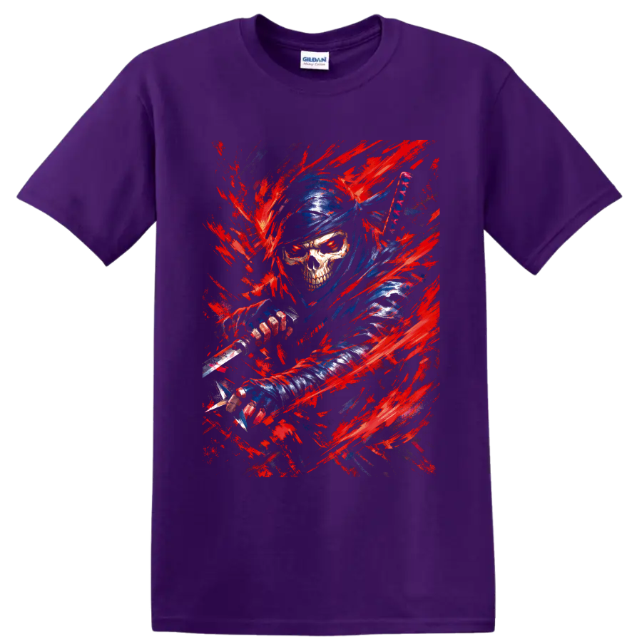 Blue-hooded skull warrior wielding a sword amid red brushstroke fantasy art on a Purple T Shirt