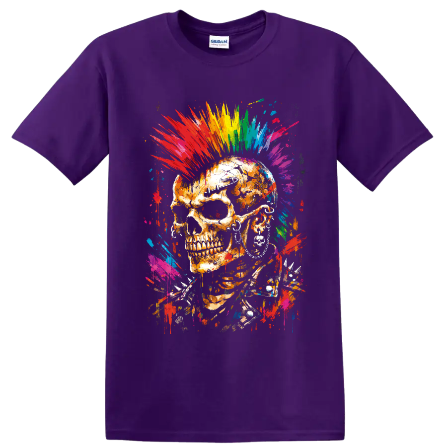 Punk rock skull with rainbow graffiti mohawk, dark eyewear, earrings, and spikes on a Purple T Shirt