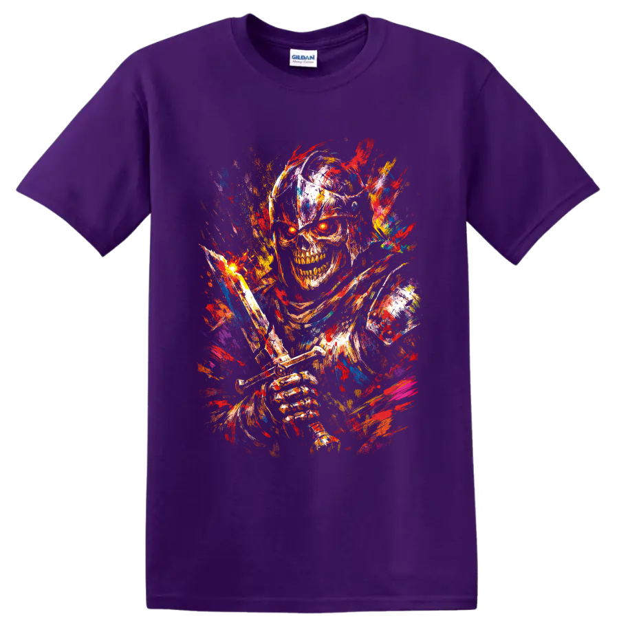 Colorful paint splatter skull and skeleton horror illustration on a Purple T Shirt