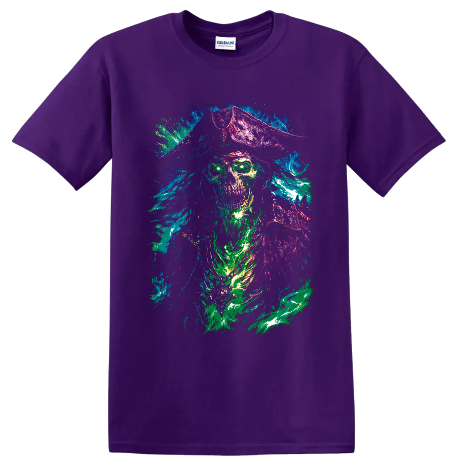 Neon undead pirate skull in a tricorn hat with glowing eyes and paint splashes on a Purple T Shirt
