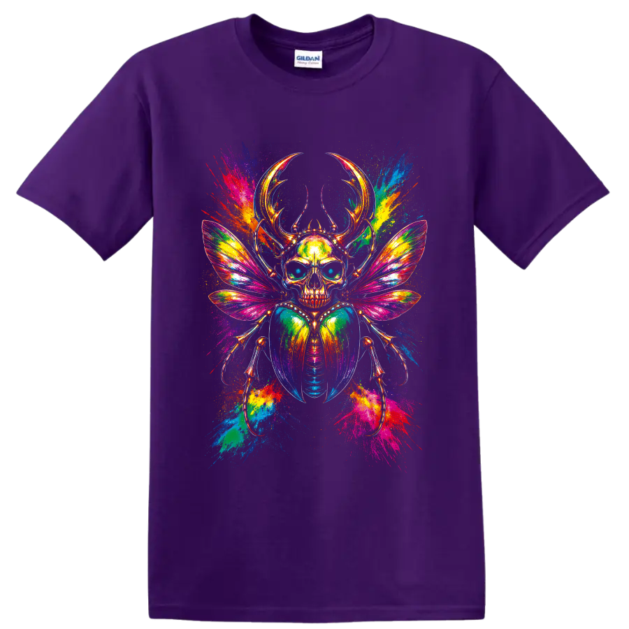 Psychedelic skull scarab beetle with rainbow wings and neon paint splatters on a Purple T Shirt