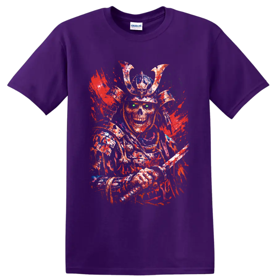 Distressed skeleton samurai warrior with horned helmet, katana, and glowing green eyes on a Purple T Shirt