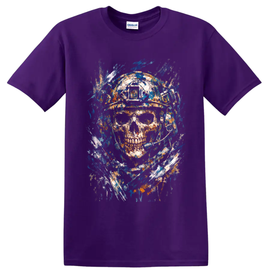 Distressed astronaut skull in a space helmet with blue and orange cosmic paint splashes on a Purple T Shirt