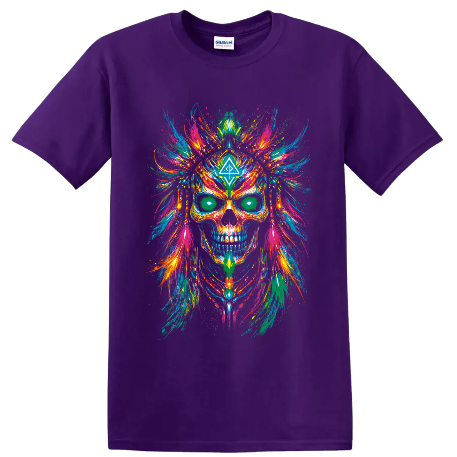 Psychedelic skull with colorful symmetrical paint splashes and geometric forehead symbol on a Purple T Shirt