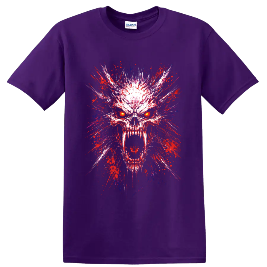 Demon skull illustration with glowing eyes and red, blue, and purple paint splatter on a Purple T Shirt