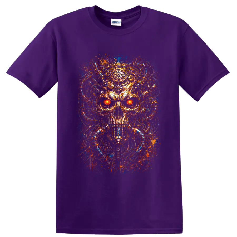 Cyberpunk mechanical skull with glowing eyes, tubes, and neon splatter art on a Purple T Shirt