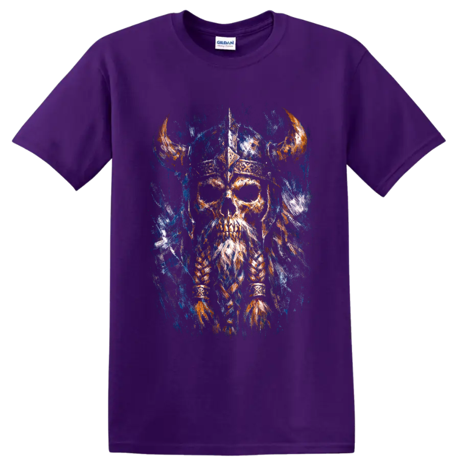 Painterly Viking-inspired skull warrior with horned helmet and braided beard on a Purple T Shirt