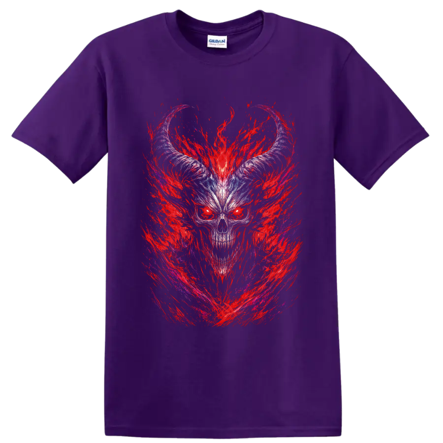 Horned demonic skull with crimson flame strokes and icy blue gothic linework on a Purple T Shirt