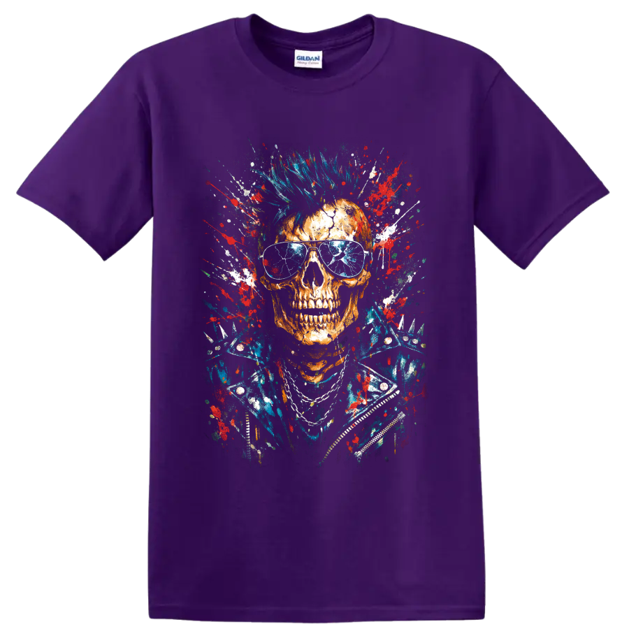 Punk skull with blue mohawk, aviator sunglasses, studded jacket, and paint splatter on a Purple T Shirt