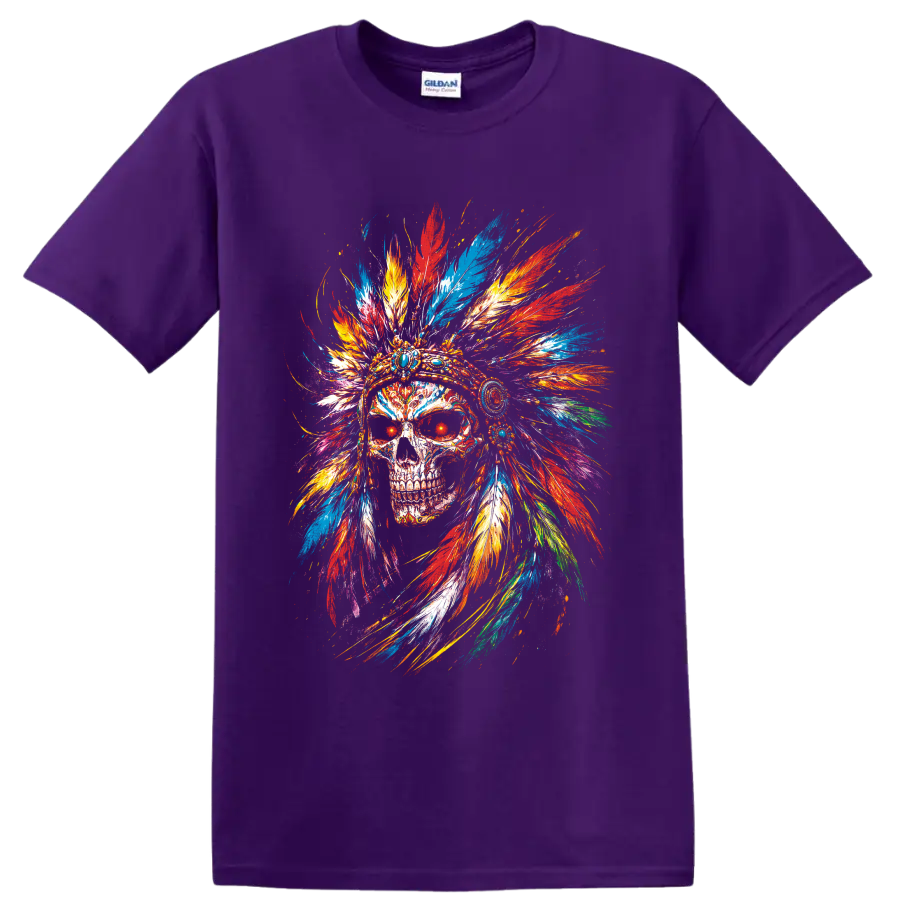 Colorful skull with jeweled feather headdress in vivid painterly splatter art on a Purple T Shirt