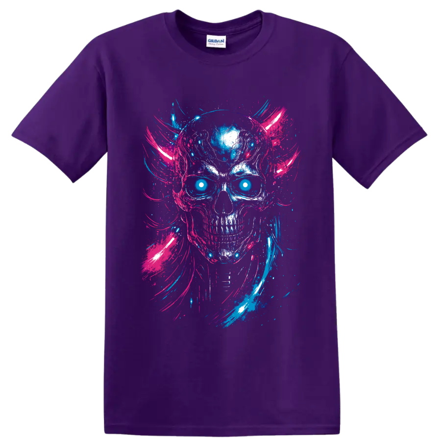 Neon cyberpunk skull with glowing cyan eyes and blue pink paint brushstrokes on a Purple T Shirt