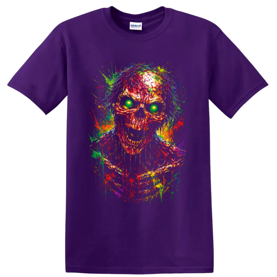 Neon zombie skull illustration with glowing green eyes and multicolor paint splatters on a Purple T Shirt
