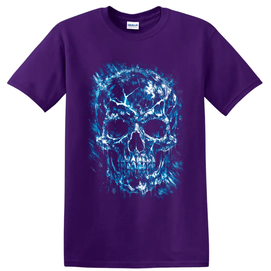 Distressed blue and white skull illustration with painterly grunge splatter texture on a Purple T Shirt