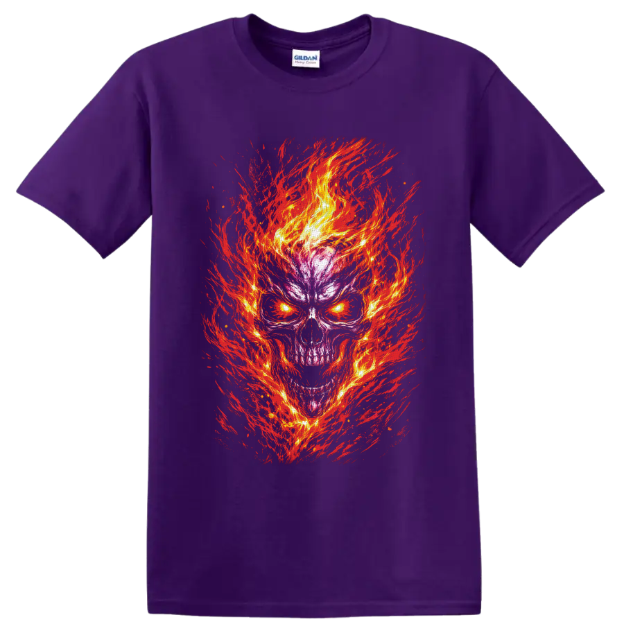 Flaming skull illustration with glowing yellow eyes and fiery red brushstrokes on a Purple T Shirt