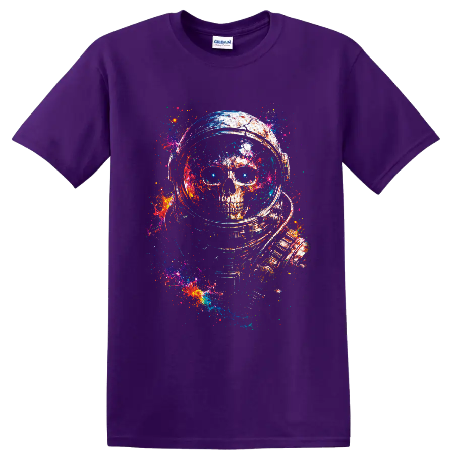 Astronaut skull in a space helmet with vivid galaxy paint-splatter art on a Purple T Shirt