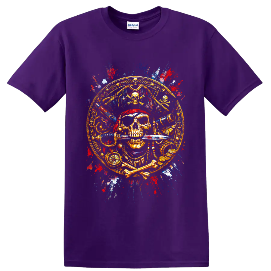 Ornate pirate skull with sword, compass, telescope and treasure in paint-splatter art on a Purple T Shirt