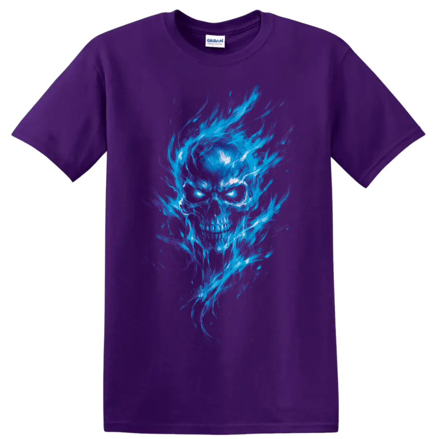 Gothic skull illustration with glowing cyan eyes and sweeping blue-purple flames on a Purple T Shirt