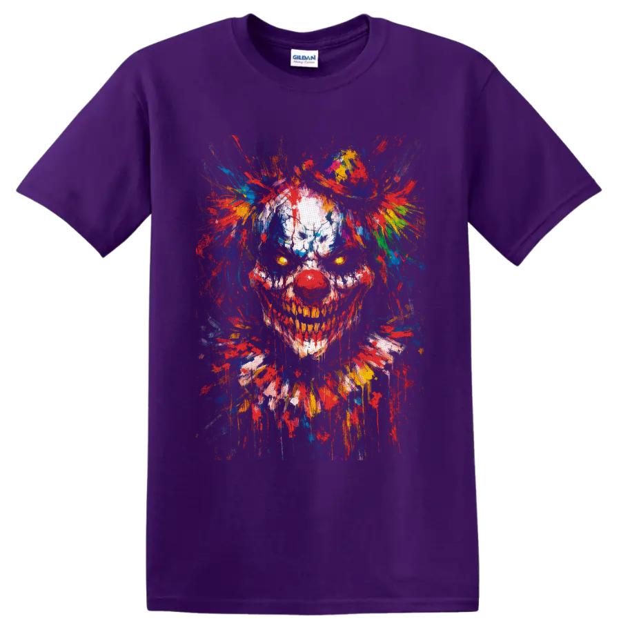 Skull clown portrait with glowing eyes and vivid multicolor paint splatters on a Purple T Shirt