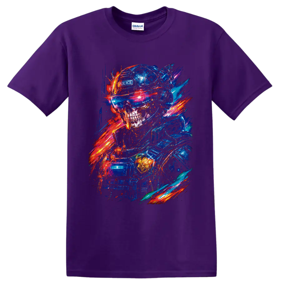 Neon cyberpunk police skull in tactical helmet and visor with electric light trails on a Purple T Shirt