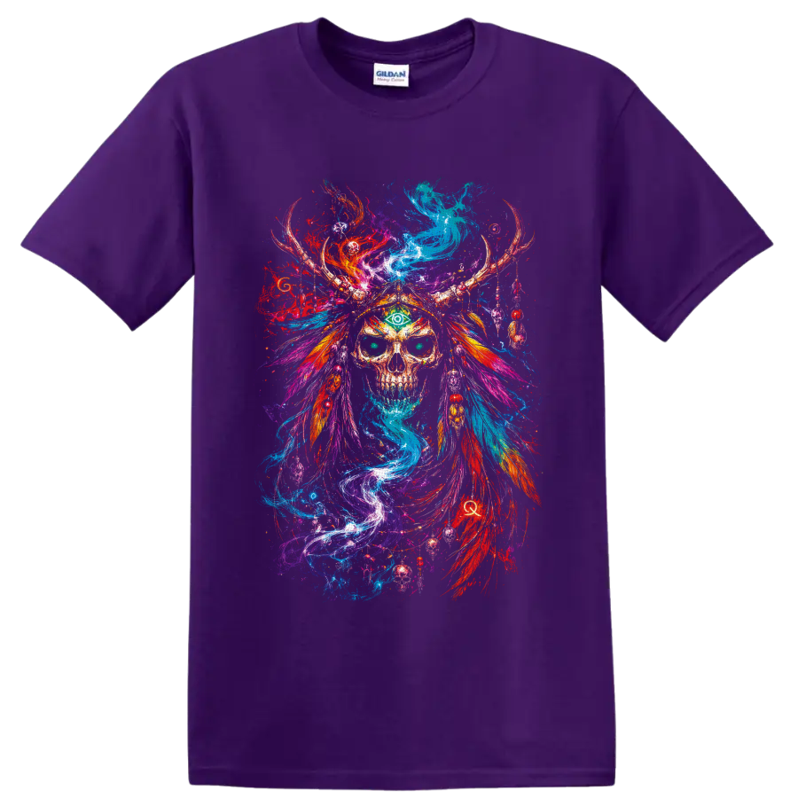 Psychedelic skull with green third eye, antler headdress, feathers, and swirling color on a Purple T Shirt