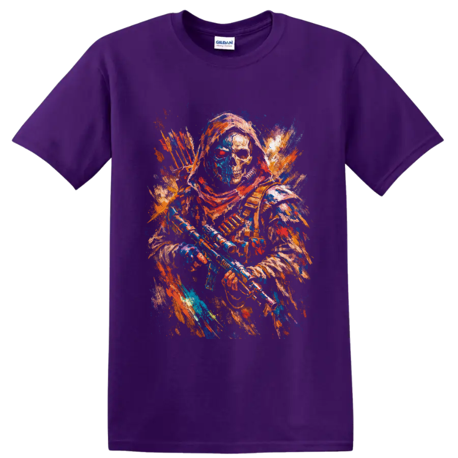 Colorful paint-splatter skeleton archer with bow, arrows, and gothic fantasy details on a Purple T Shirt
