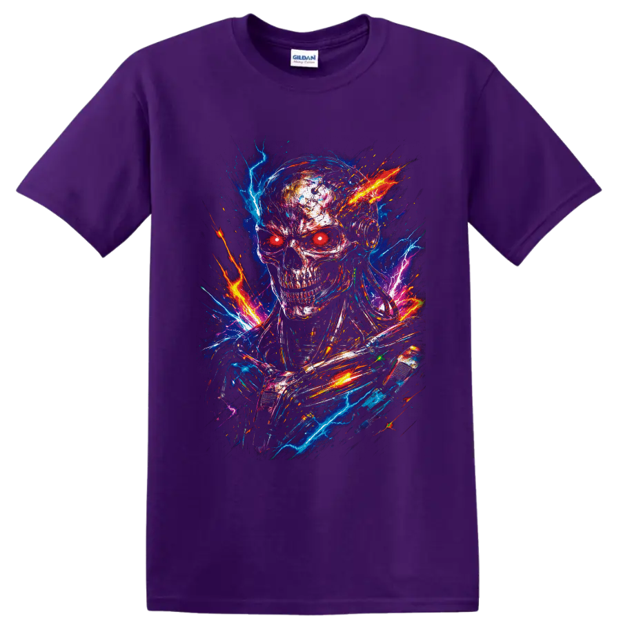 Cyberpunk robot skull with red eyes, neon lightning, fiery sparks, and glitch art on a Purple T Shirt