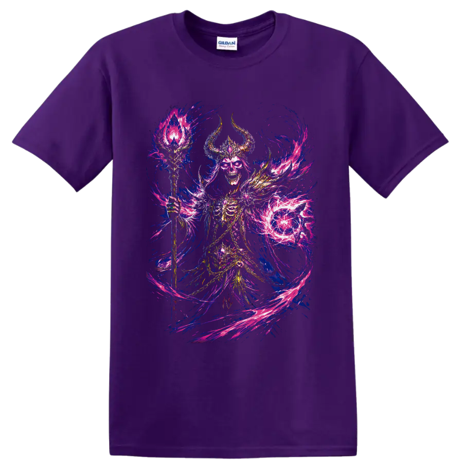 Skeletal necromancer with horned armor, crystal staff, and swirling purple flames on a Purple T Shirt