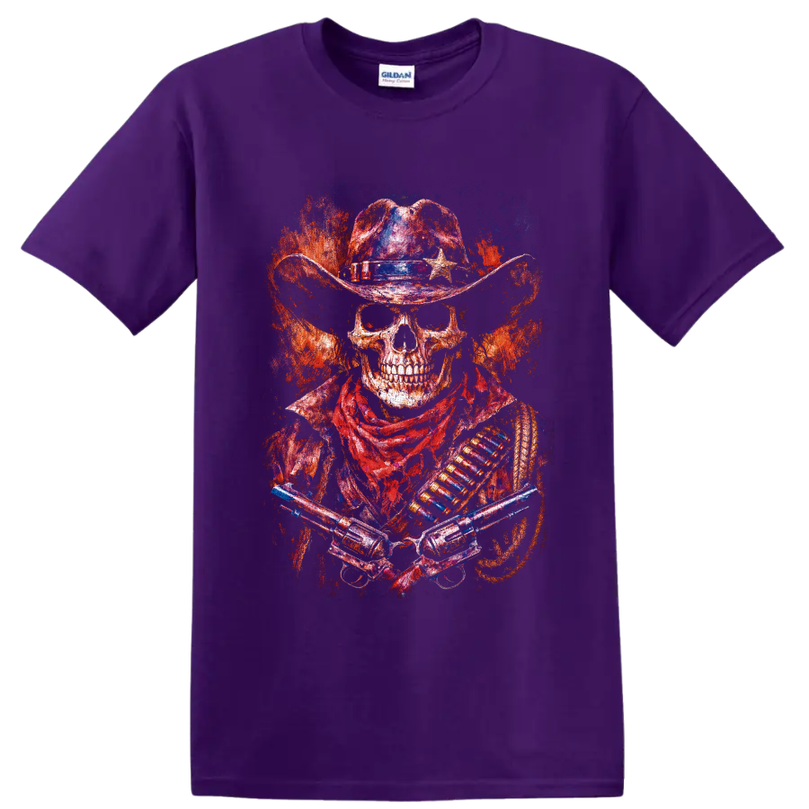 Distressed skeleton cowboy gunslinger with star hat, crossed revolvers, and fiery on a Purple T Shirt