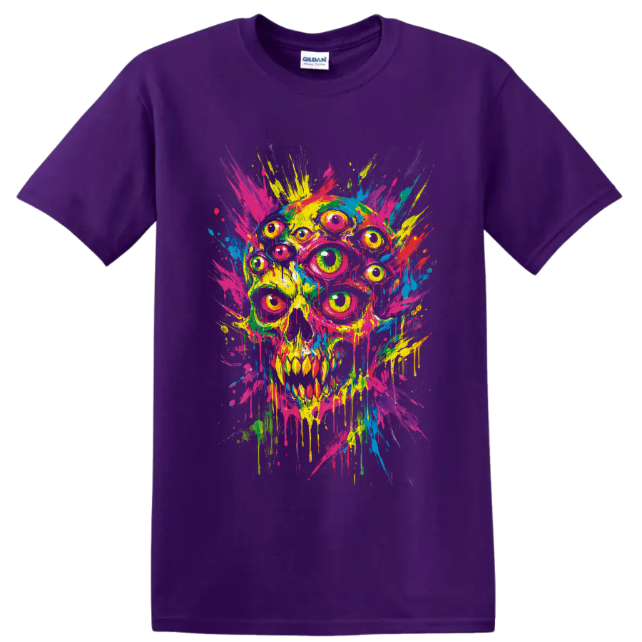 Psychedelic multi-eyed skull in neon paint splash and dripping street art style on a Purple T Shirt
