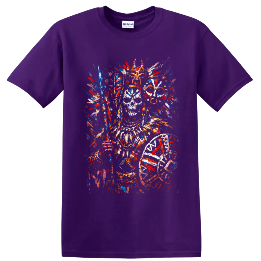 Colorful skull with ornate feathered headpiece, masks, spear, and shield in paint on a Purple T Shirt