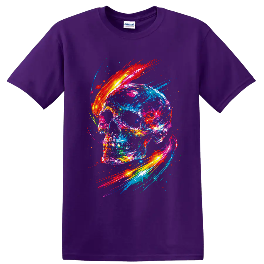 Neon abstract skull with colorful paint splashes, glowing streaks, and scattered sparks on a Purple T Shirt